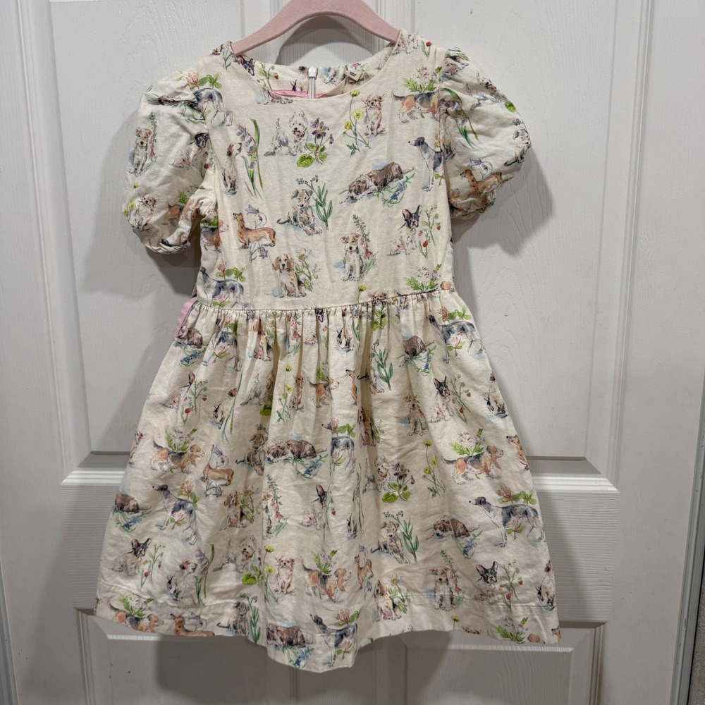 Mini Boden Girls Dog & Wildflower Print Linen Cotton Dress Ivory Pink 7-8Y